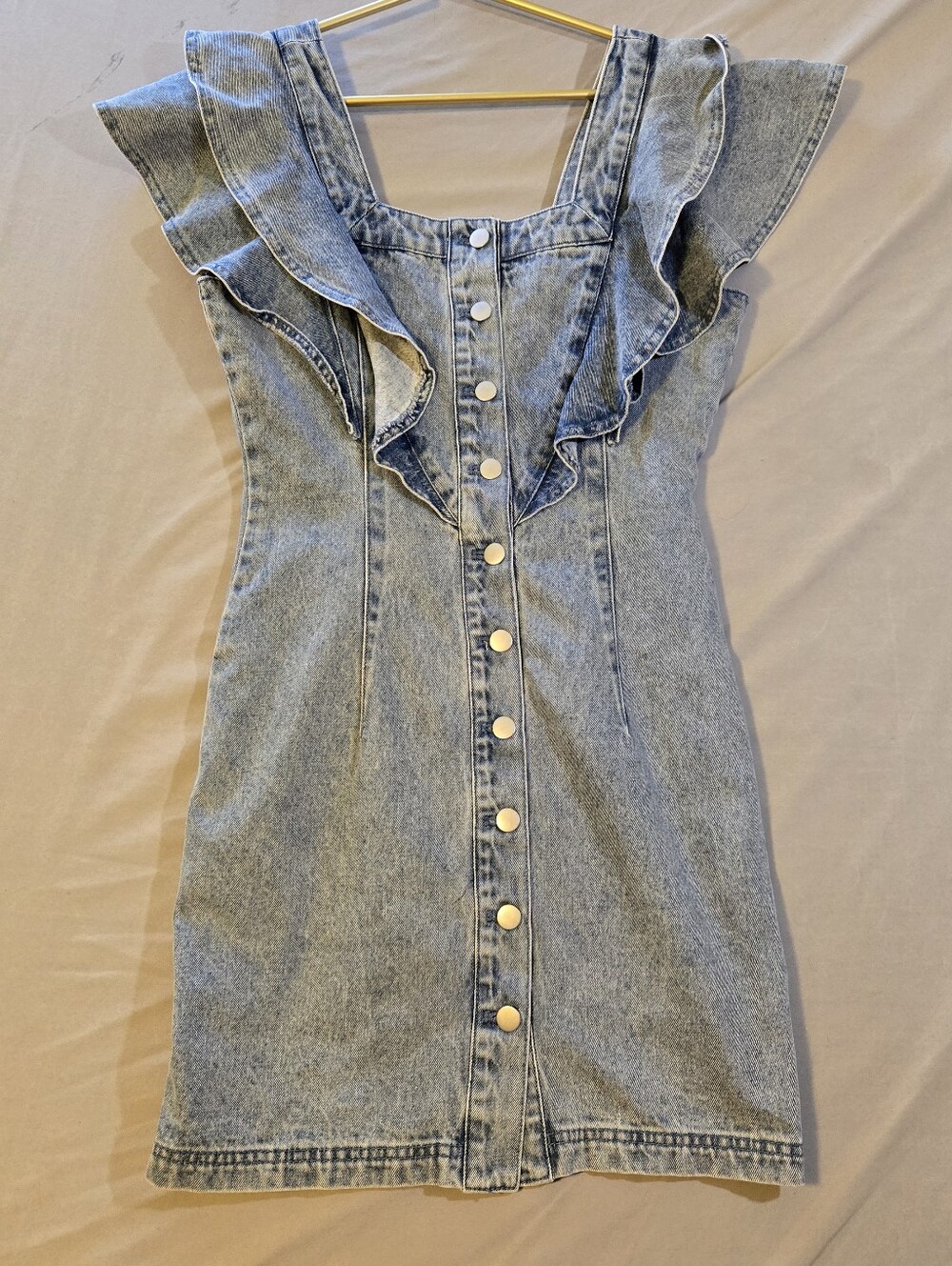 Avec Les Filles Light Wash Denim Mini Dress with Ruffle V-Neck